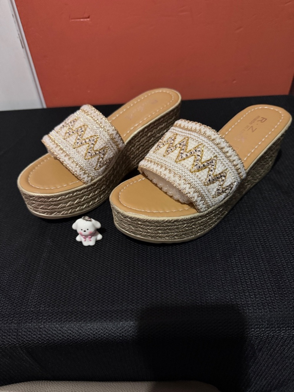 Wedge Slide Sandals in Tan with Metallic Accent